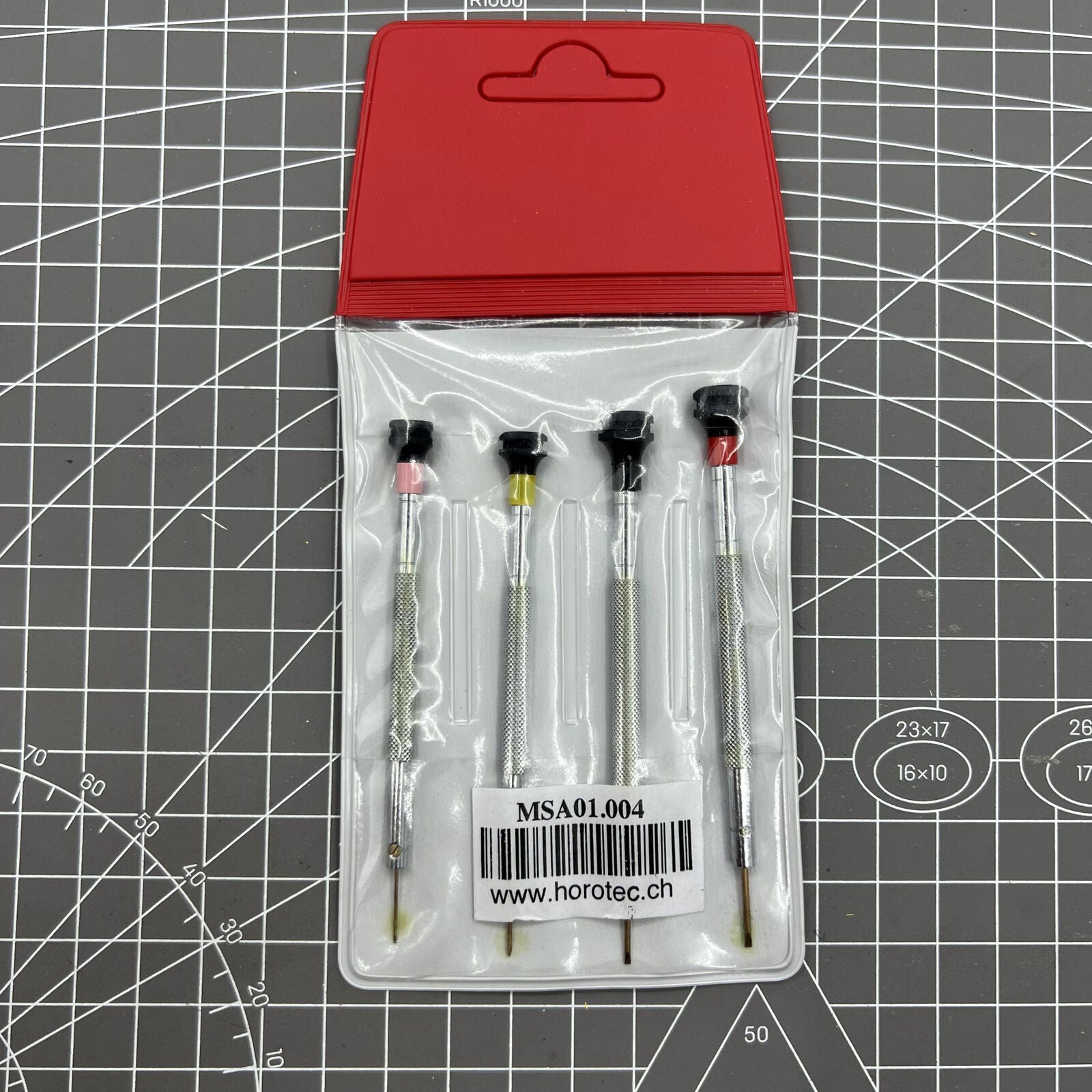 KD89 Horotec MSA 01.218 F horlogemakersschroevendraaier, assortiment in kunststof zak, 5 delig/ 1.00 1.20 1.40 1.60 2.00mm, Meerkleurig
