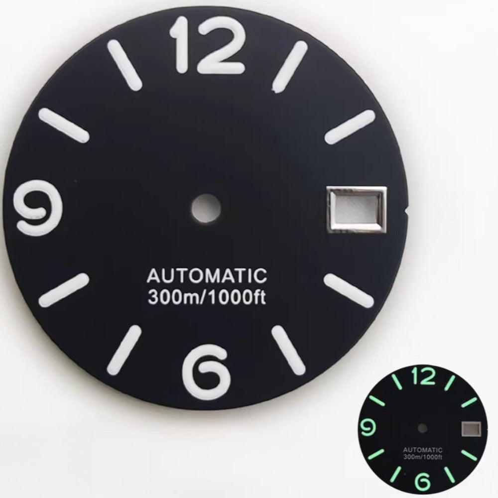 28.5mm black watch dial with white font, green lume, designed for NH35 NH36 movements, 300m water resistance.