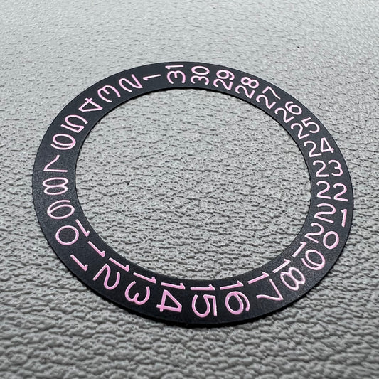 Light pink date disk overlay for NH35 NH36 watch movement on black background