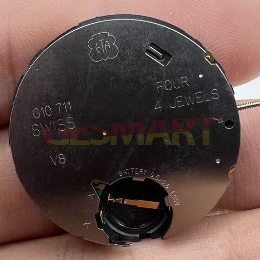 ETA G10.711 Swiss quartz watch movement with 3 hands and date at 4 o'clock, precision-engineered.