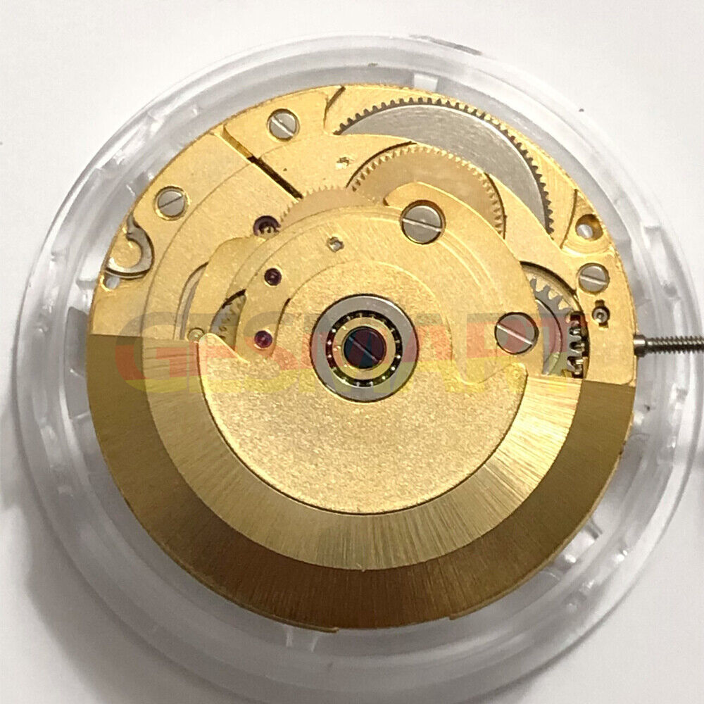 Golden automatic mechanical watch featuring a date window at 3 o'clock, powered by China Made SHANGHAI 2824 movement.