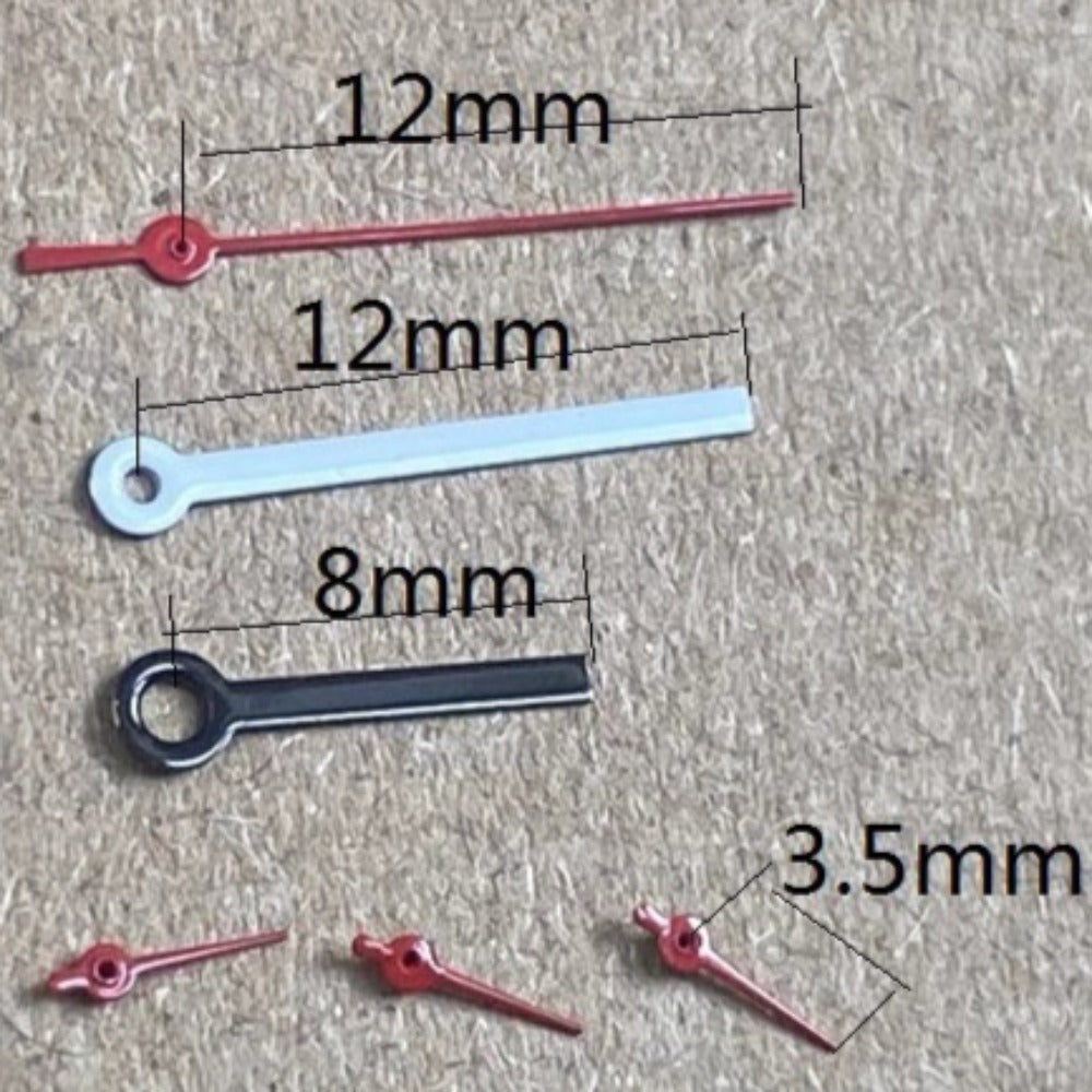 12mm black, red, and white painted watch hands for Miyota OS10 OS20 OS30 movements