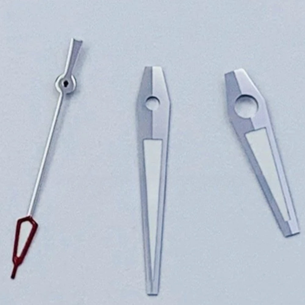 Silver trim lume red tip watch hands set, compatible with NH34 NH35 NH36 movements, precise fit and visibility.