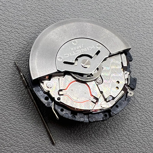 Original Japan Seiko 5M85A watch movement close-up, precise quartz mechanism for durable timekeeping.