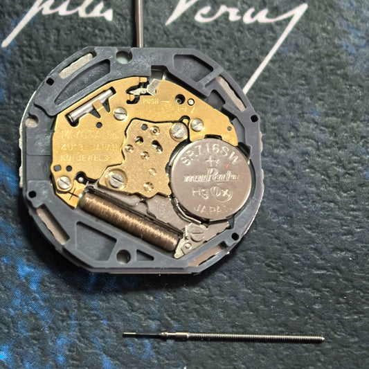 Miyota 4U13 quartz watch movement showing day/date at 6 o'clock, super thin design by Japan Made