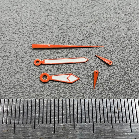 Orange-trimmed green lume watch hands set for Miyota OS60 movement, 2 sets per pack