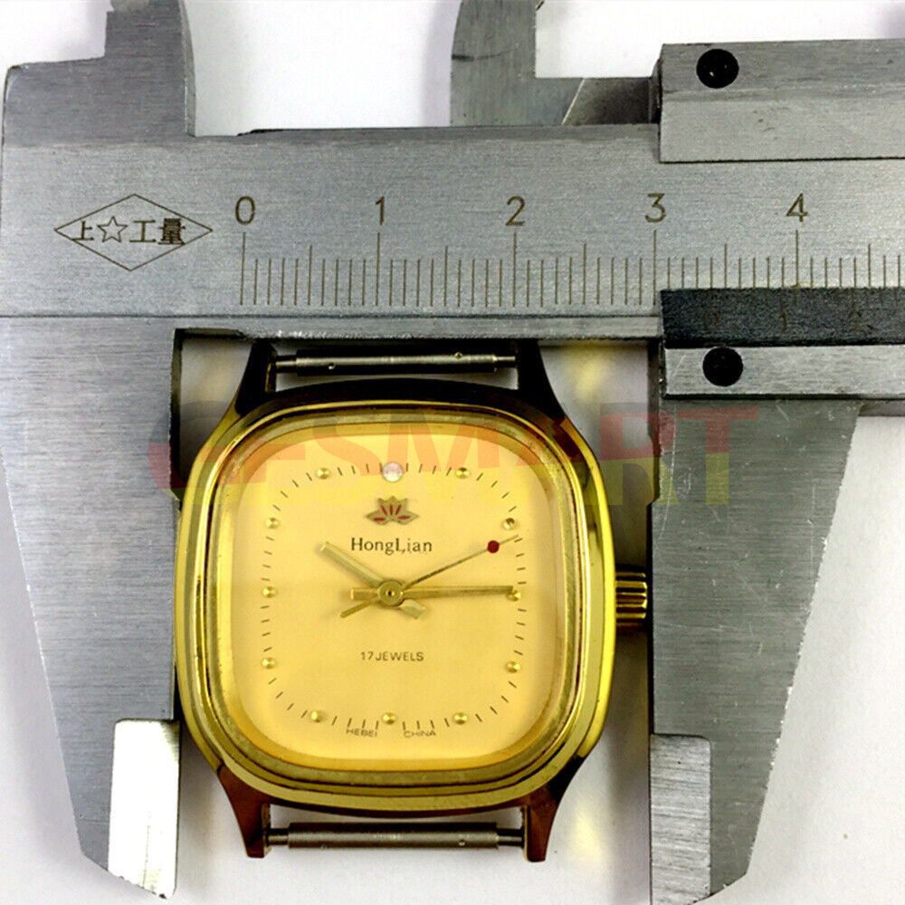 HONGLIAN manual mechanical watch with square golden case, yellow dial, and golden nail markers, elegant style.