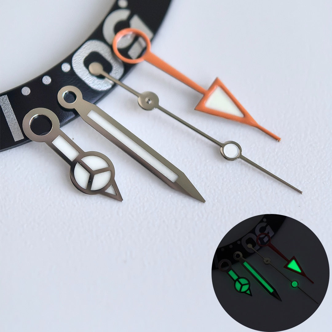 Green lume orange GMT watch hand with silver trim for NH34 movement, enhancing visibility and style.