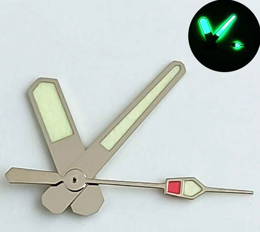 Green painted watch hands with strong green lume and silver trim for NH35, NH36, NH70, NH72 movements.