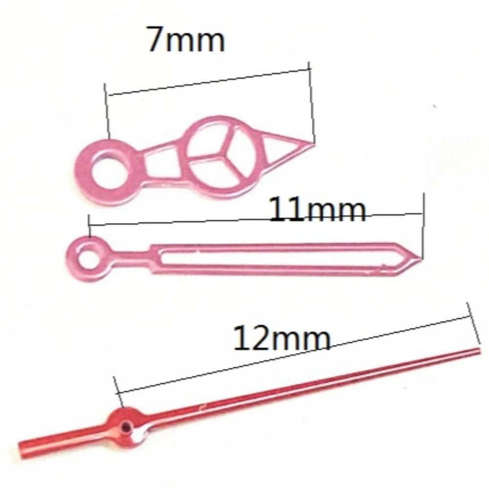 7X11X12mm Pink watch hands with red trim and green lume, compatible with Ronda 515 quartz movement.