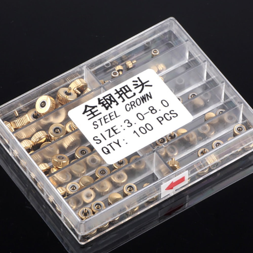 Golden stainless steel quartz watch crowns kit, 3-8mm, 100pcs for precise watch repairs.