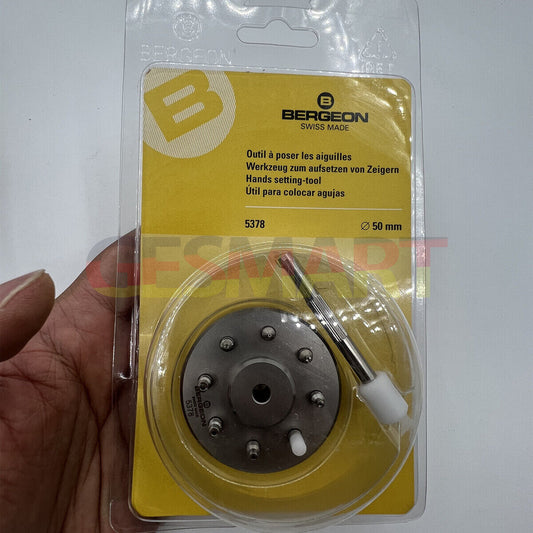 Bergeon 5378 Swiss watch hand fitting tool with 9 stakes on holder for precise accessory adjustments