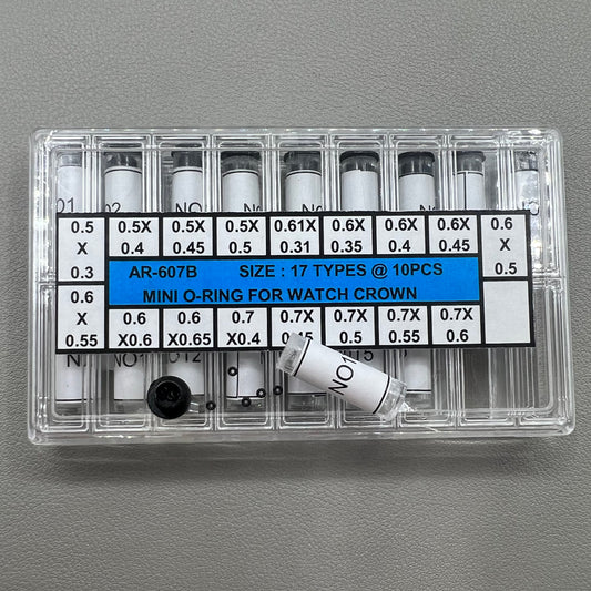 Close-up of AR-607B Glass Crystal waterproof mini O-ring seal for watch crown gasket, ensuring durability and precision.