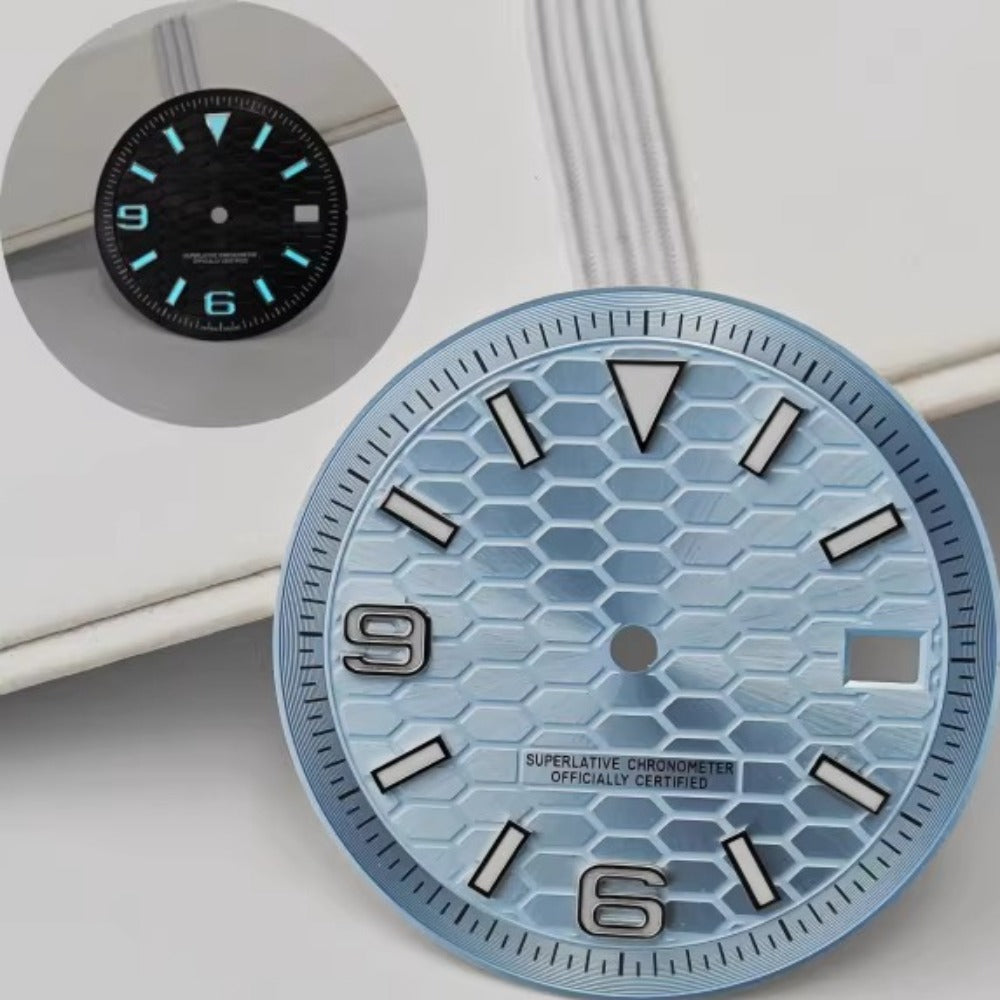 31mm Sky Blue Honeycomb Vein dive watch dial for NH35 NH36, no logo, durable and stylish replacement.