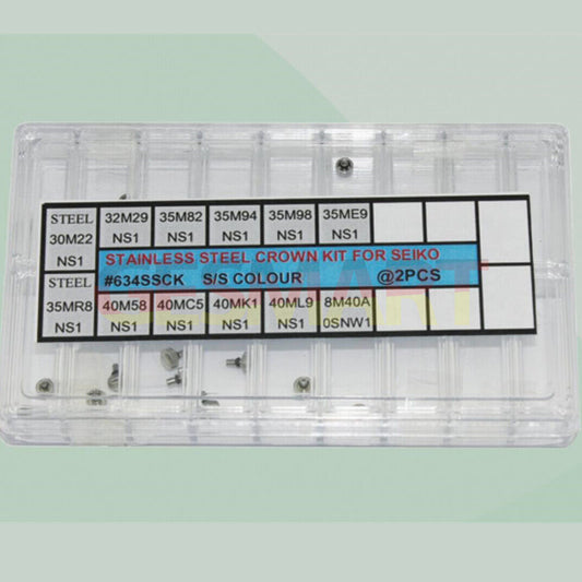 Set of 24 stainless steel silver watch crowns in 12 sizes, perfect for Seiko watch repairs and customization.