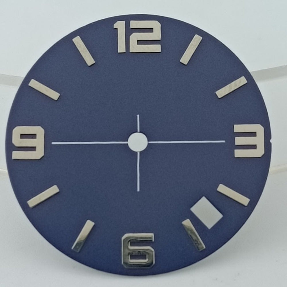 Blue 28.5mm metal counting style watch dial for NH36, no lume, branded for precise timekeeping.