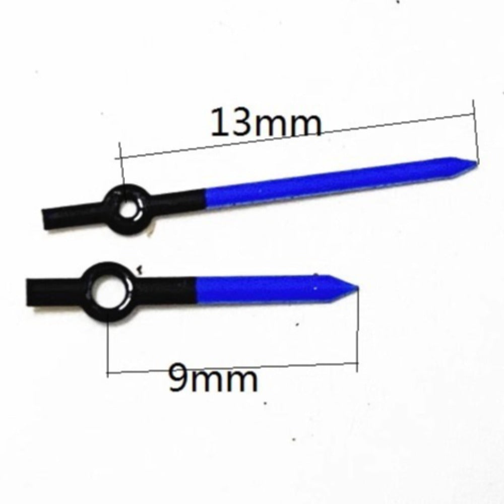 Black and blue painted 9x13mm watch hands for Ronda 763, 762, 751, 1062, 1063 movements.