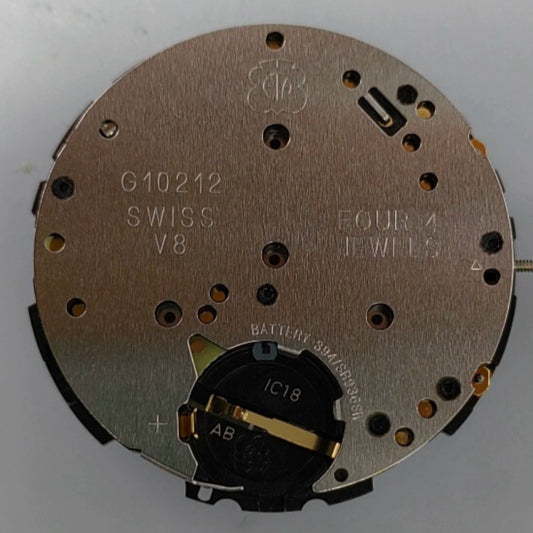 Swiss Made G10.212 quartz watch movement with black date disk at 4 o'clock.