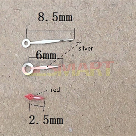 Silver and red diamond-shaped watch hands designed for Miyota 1L45 quartz movement, enhancing precision and style.