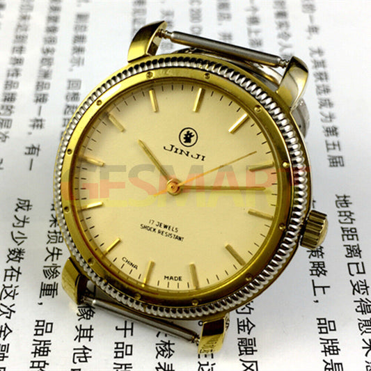 37mm Shanghai Jinji manual watch with 17 jewels, shock-resistant design, gold-tone nails detail.