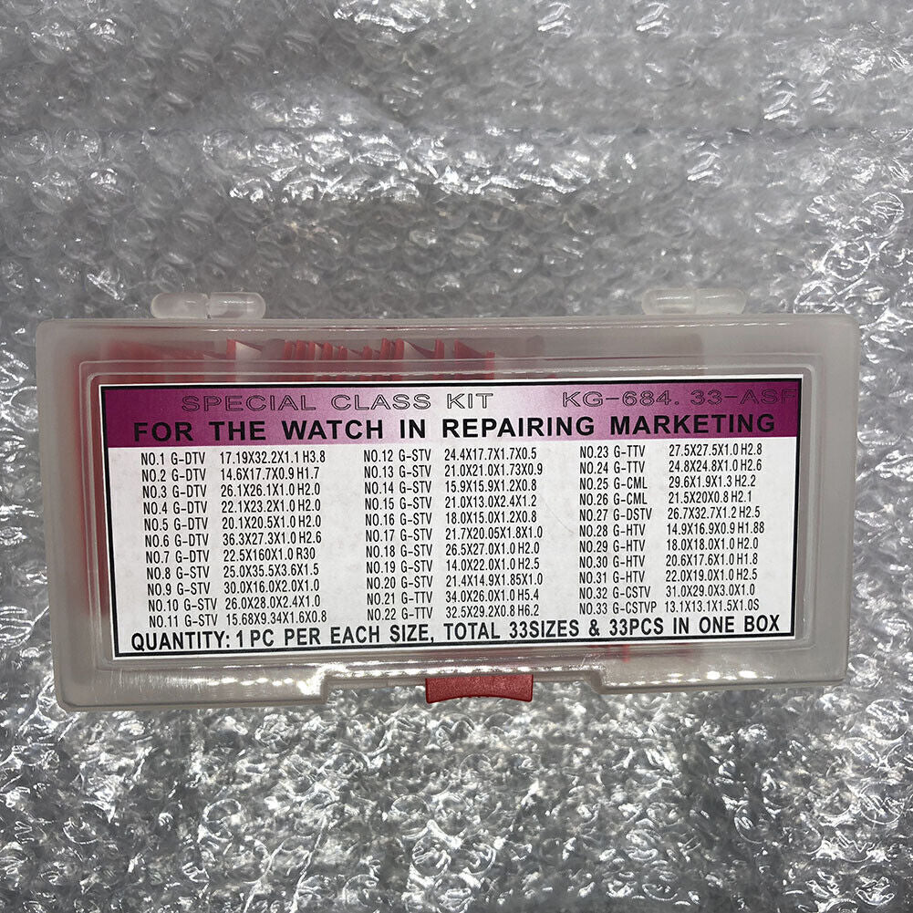 KG-684.33-ASF watch crystals kit by KG with 33 sapphire glass sizes for precise watch repair needs.
