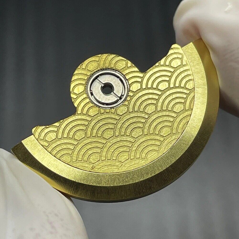 Golden Sea Wave carved rotor oscillating weight for NH35 NH36, boosting watch automatic winding efficiency.