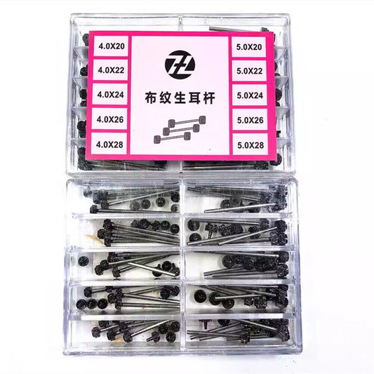 Black stainless steel spring bars with linen finish and studs screws, ideal for secure watch strap attachment.