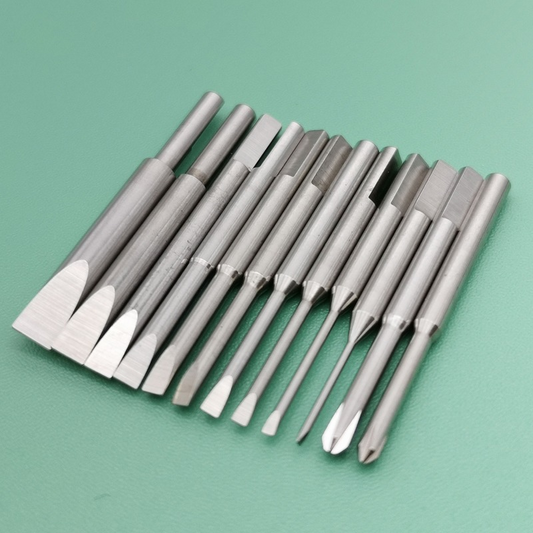 Ergonomic watchmaker screwdriver blades, stainless steel replacement for precision repairs.