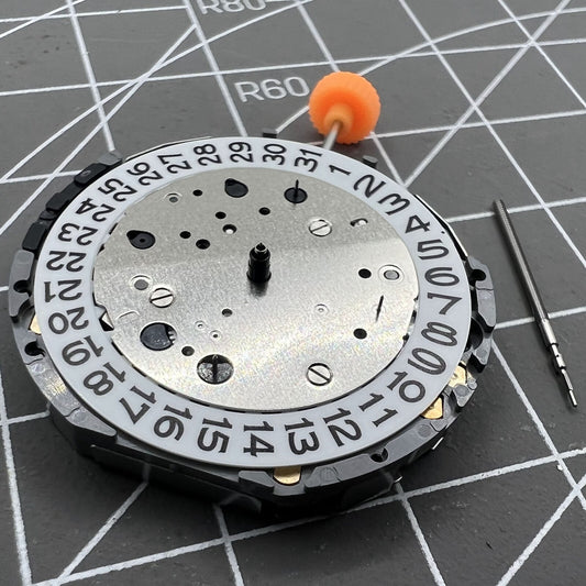 Miyota JS26 quartz movement watch with small seconds at 3, 6, 9 and date window at 3, Japan made.