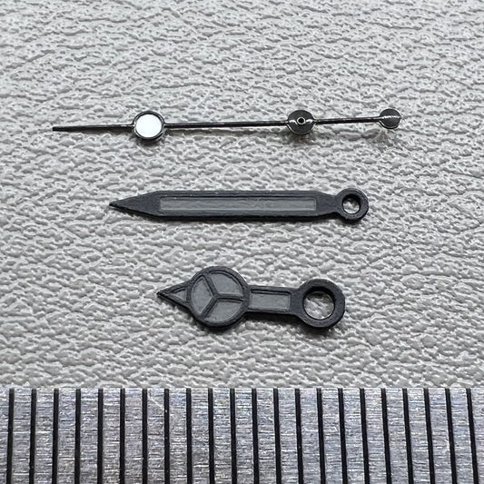 Set of 2 black second watch hands with matte trim and black painted lume for NH35/36.