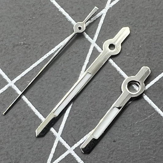 Silver-trimmed 13mm watch hands with green lume for Hattori Epson PC32 quartz movement accessories.