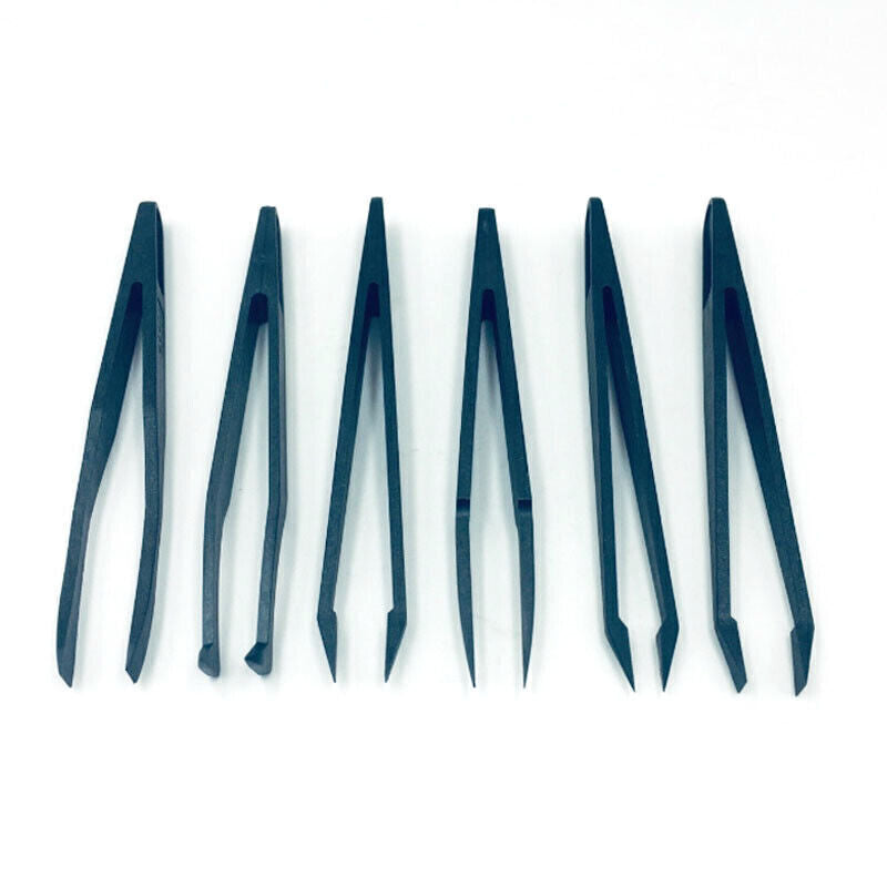 Set of 6 Carbon Fibre anti-static tweezers, model 6751, ideal for precision electronic repairs.