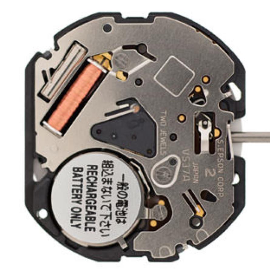 Hattori Epson VS37A solar quartz watch movement, Japan-made for precise, reliable timekeeping.