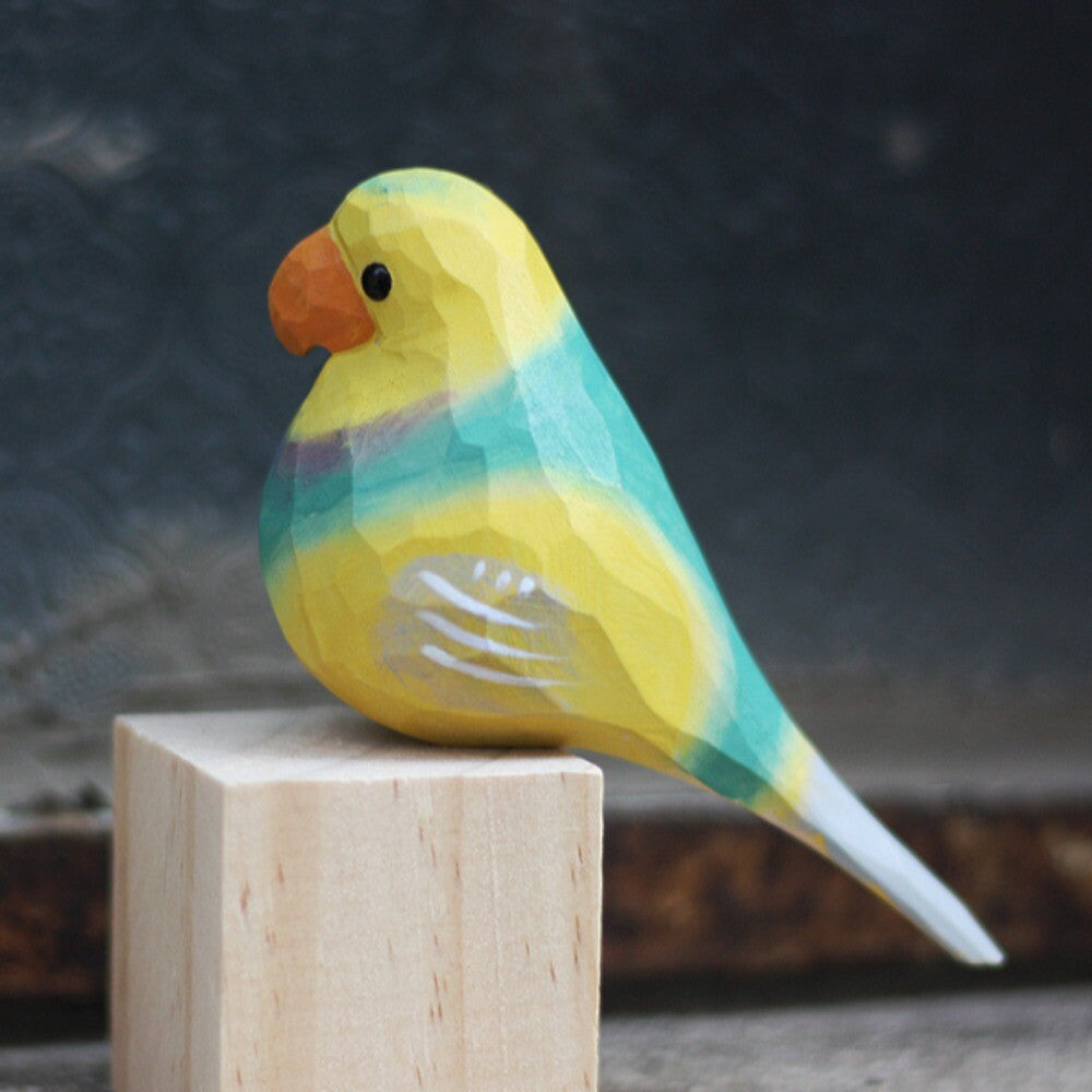 Set of 3 handmade cloud spotted parrot wooden figurines, detailed decor for home display.
