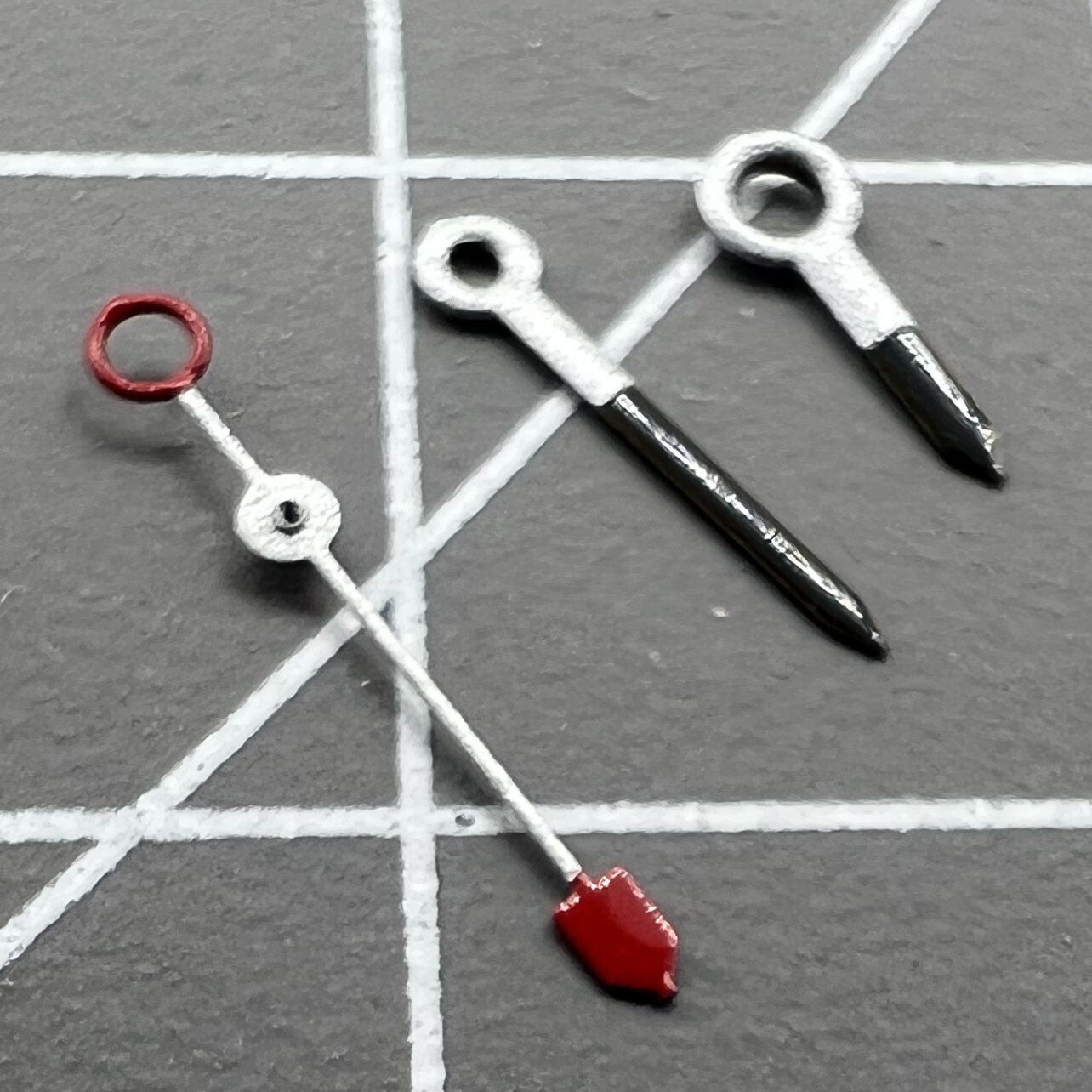 Silver and black watch hands for Miyota 2035, 2115, 2105, 2305, 2315 movements, precise fit.
