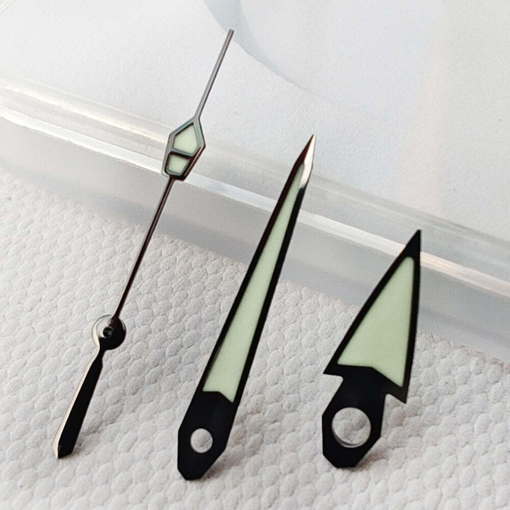 Black Trim C3 green lume vintage watch hands set for NH34 NH35 NH36 NH38 NH39 NH70 movements, luminous and precise.