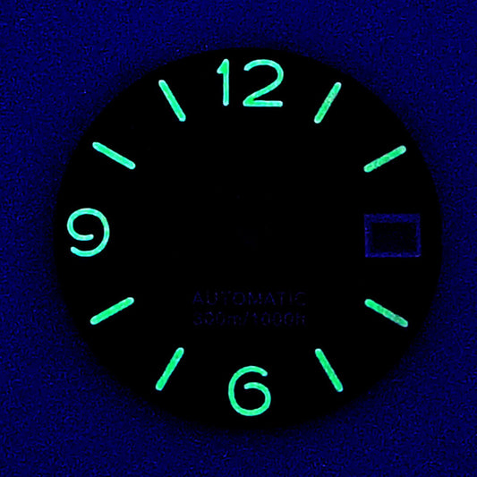 Green luminous watch dial with orange numbers for NH35 NH36 movement, perfect for custom watch builds.