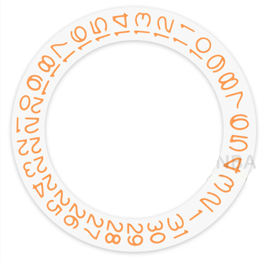 Seiko NH35 date wheel with orange character disk, date at 3 o'clock on white background.