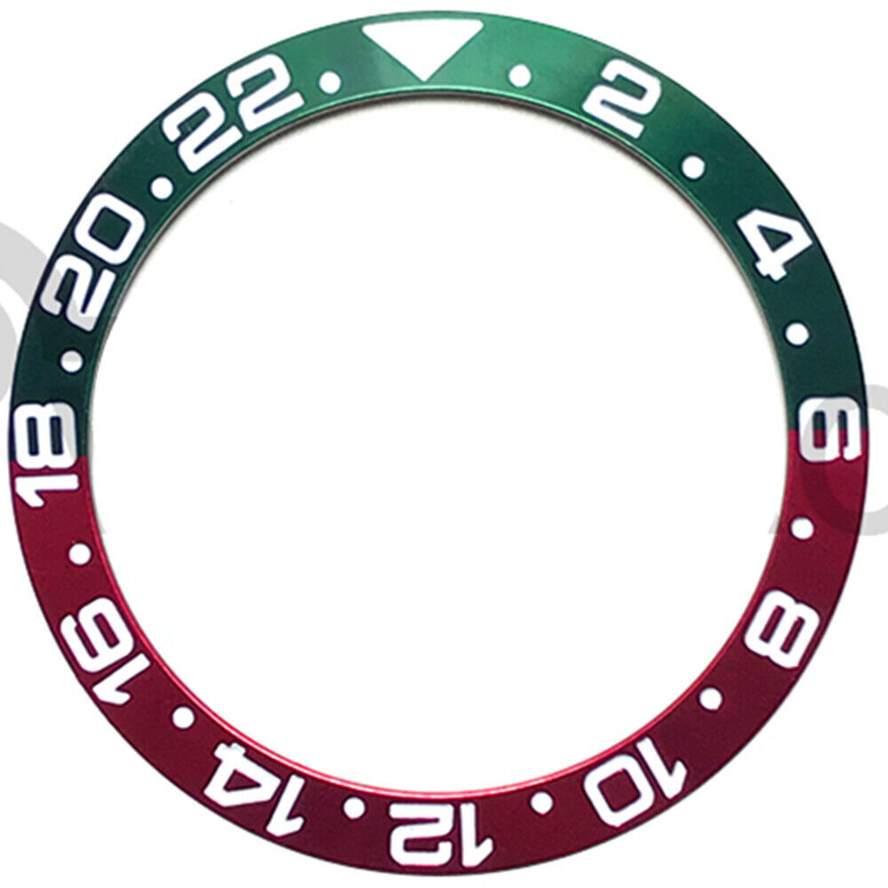 38mm green and red GMT bezel insert for RLX watch, aluminum alloy with precise numeral markings.
