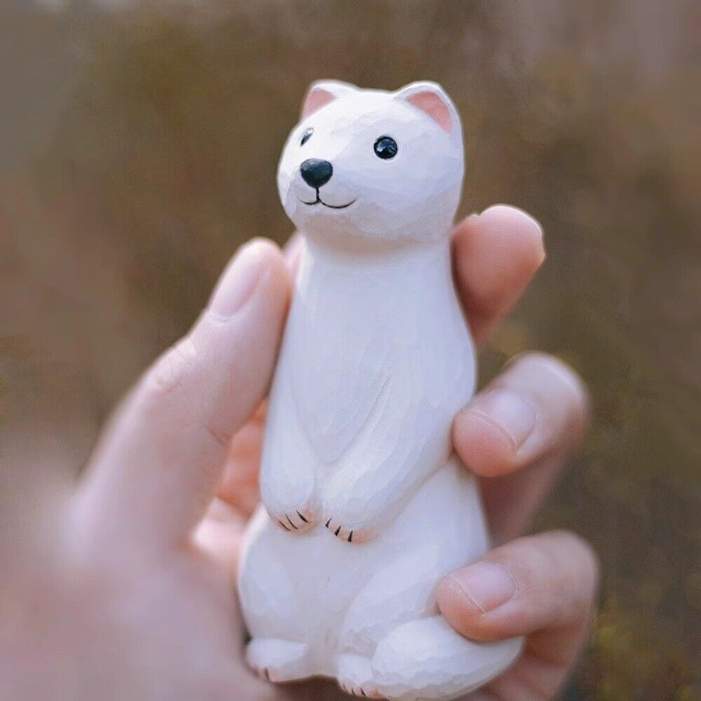 Handmade Lingweasel white ferret wooden figurine by Lingweasel, elegant decorative sculpture for home display.