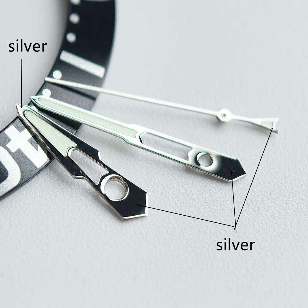 Silver-trimmed 13mm hollow green lume watch hands for NH35 NH36, boosting style and night visibility.