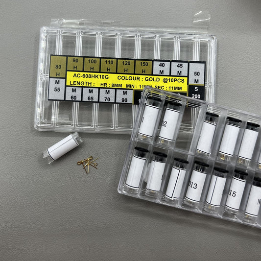 Golden watch hands set in 18 sizes for hour, minute, and second, perfect for precise timepiece repairs.