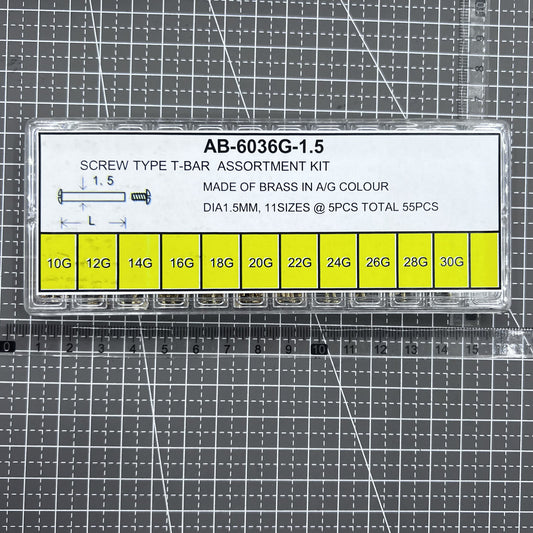 1. 5mm gold T-bar watch screws assortment kit with 11 sizes, 55 pieces from Brass, ideal for watch repair.