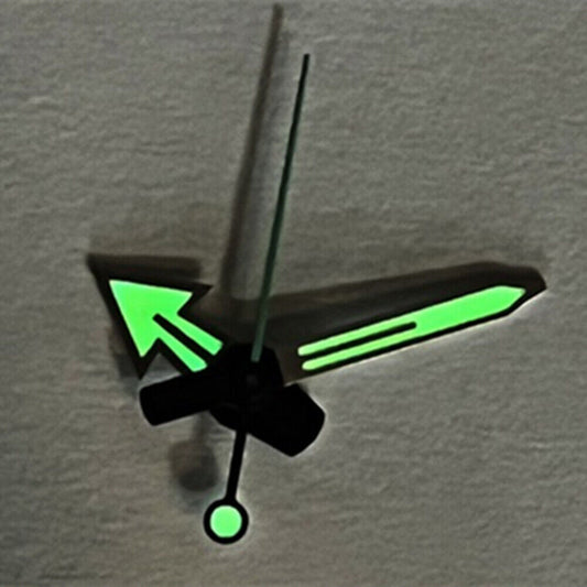 Green C3 Lume watch hands with silver trim for NH35A, SKX007, and SRP777 models, enhancing visibility.