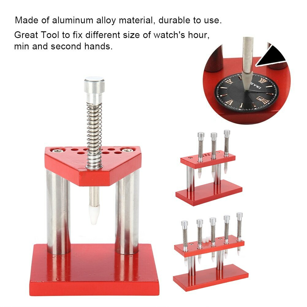 Aluminum alloy 3-head watch hand presser for precise watch hand fitting and removal.