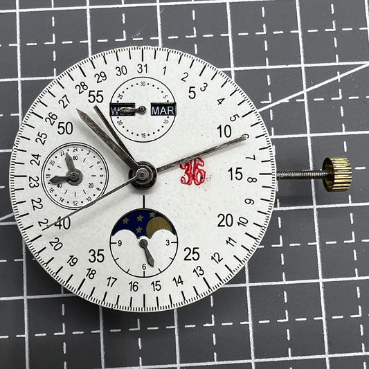 Multifunctional automatic watch with 8 hands and Dandong 7751 movement for precision timekeeping.