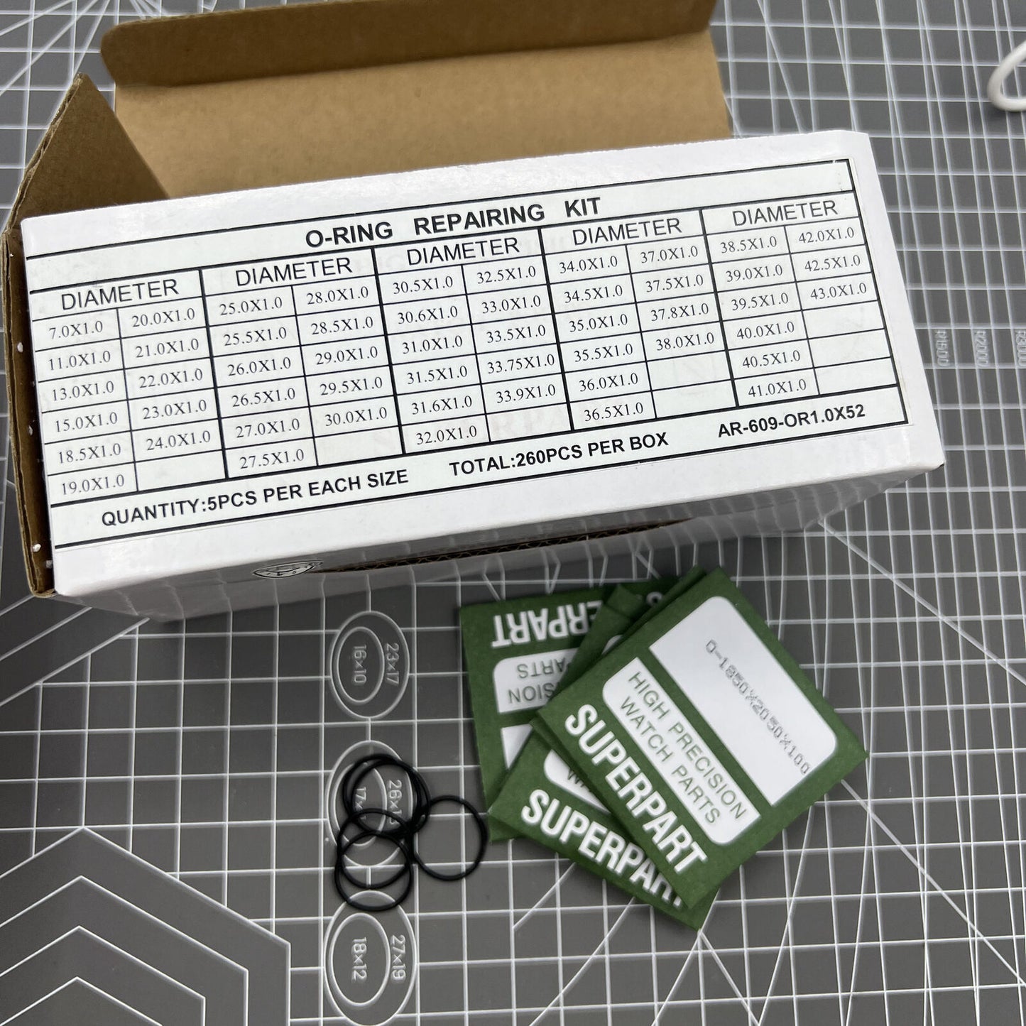 Kit de joints toriques étanches pour fond de montre, épaisseur 1,0 mm, 52 tailles, 260 pièces