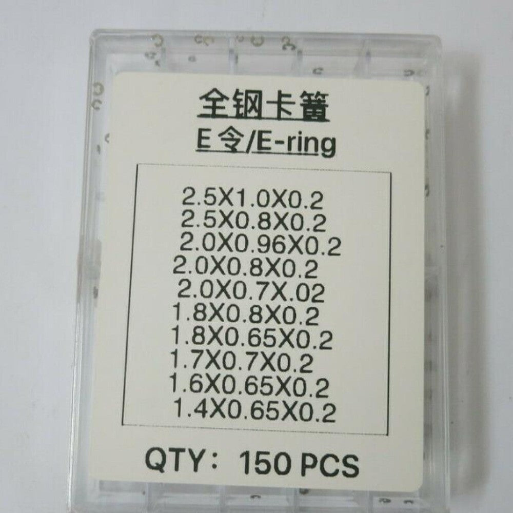 150pcs stainless steel E-clip circlip rings for secure watch movement assembly.