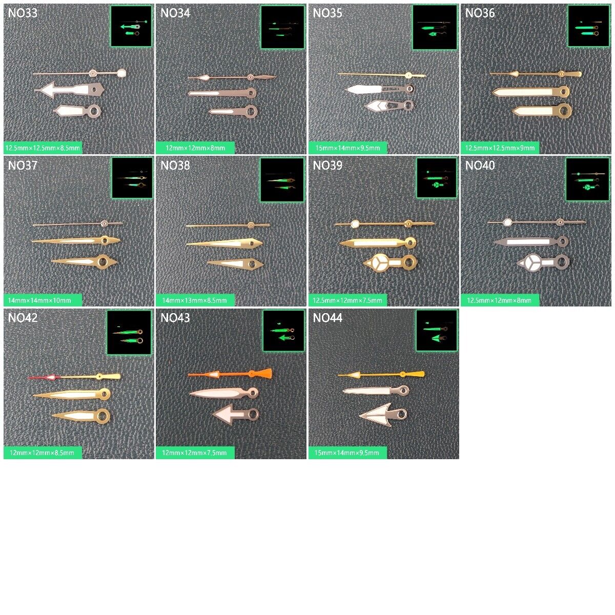 Watch Hands with green luminous coating for NH35 and NH36 movements by Watch Hands, ideal for watch repairs.