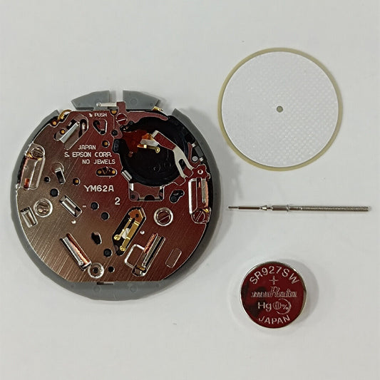 Epson YM62A Japan-made watch movement with single calendar date at 3 o'clock for precision timekeeping.